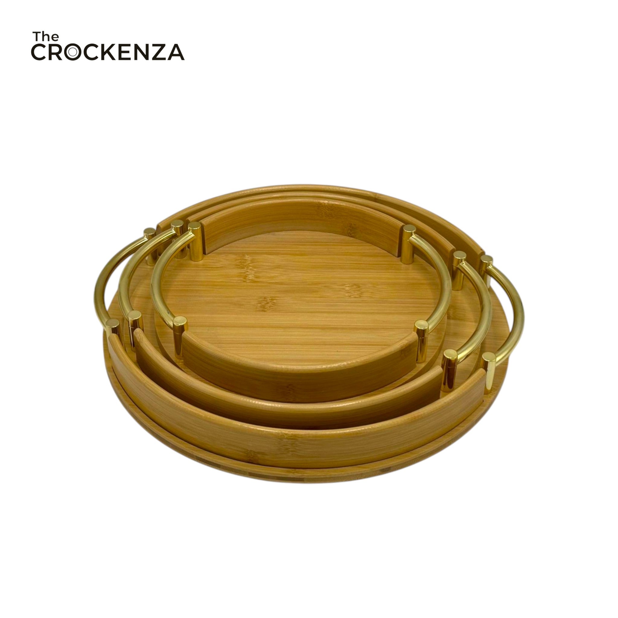 Imported Round Bamboo Tray Set – 3-Piece Eco-Friendly Serving Trays with Gold Metal Handles