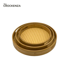 The Crockenza Round Bamboo & Rattan Serving Trays – 3-Piece Tray Set with Woven Cane Detail