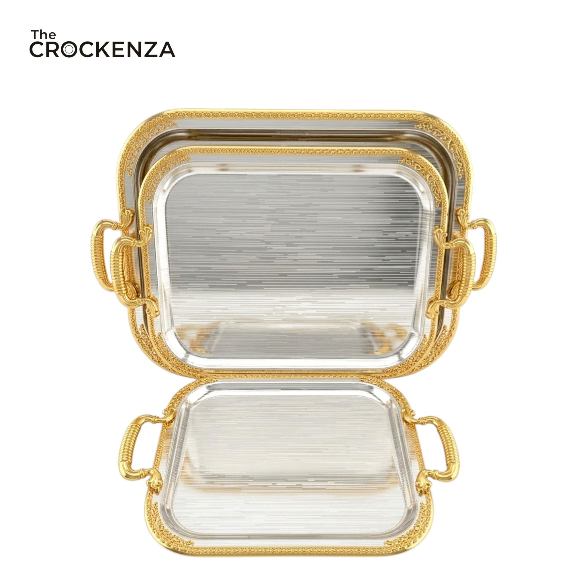 Luxury 3 Pcs Stainless Steel Serving Tray Set – Mirror Polish Finish with Gold Handles