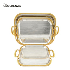 Luxury 3 Pcs Stainless Steel Serving Tray Set – Mirror Polish Finish with Gold Handles