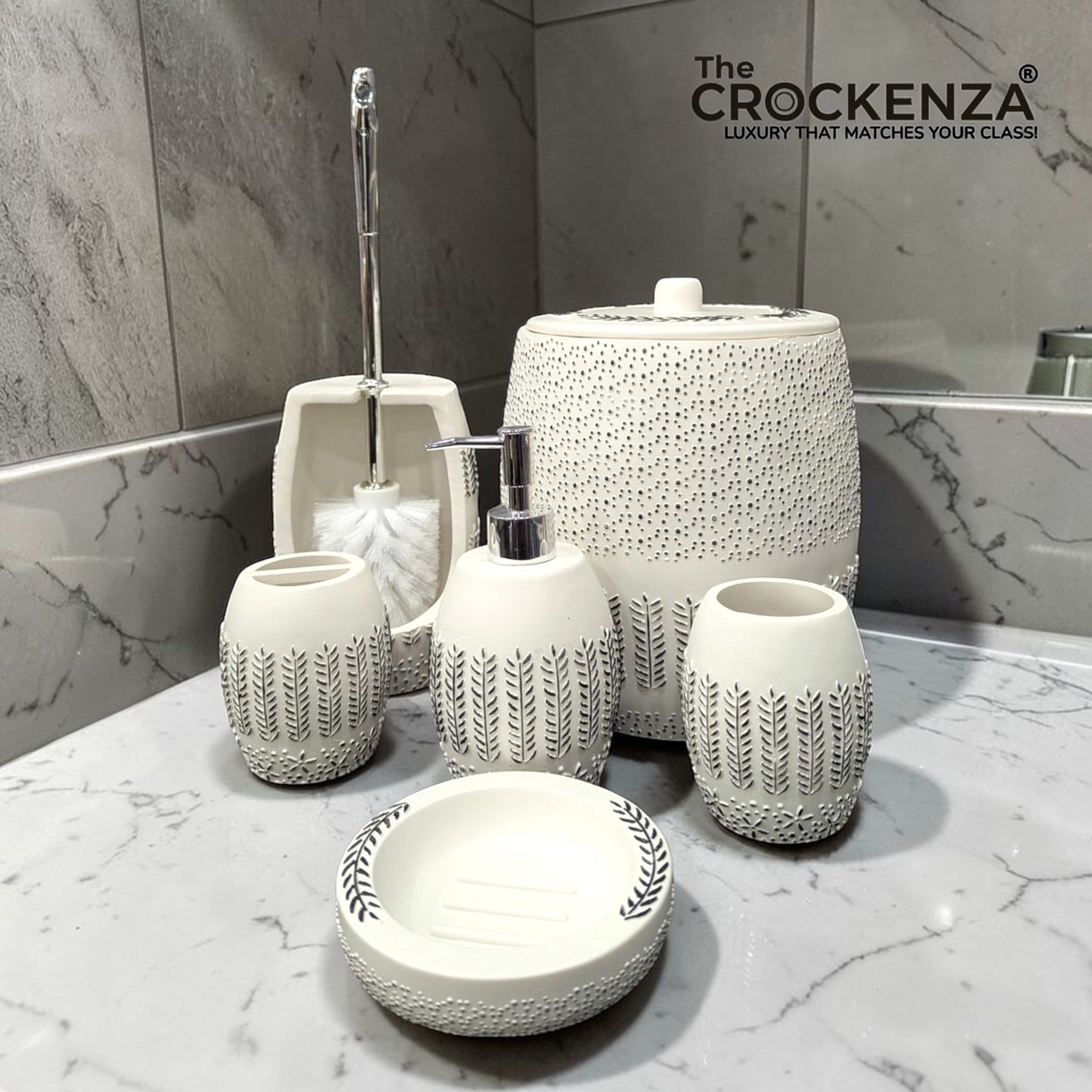 Luxury Nordic Leaf Artisan 6-Piece Fiber Bathroom Set – Matte White