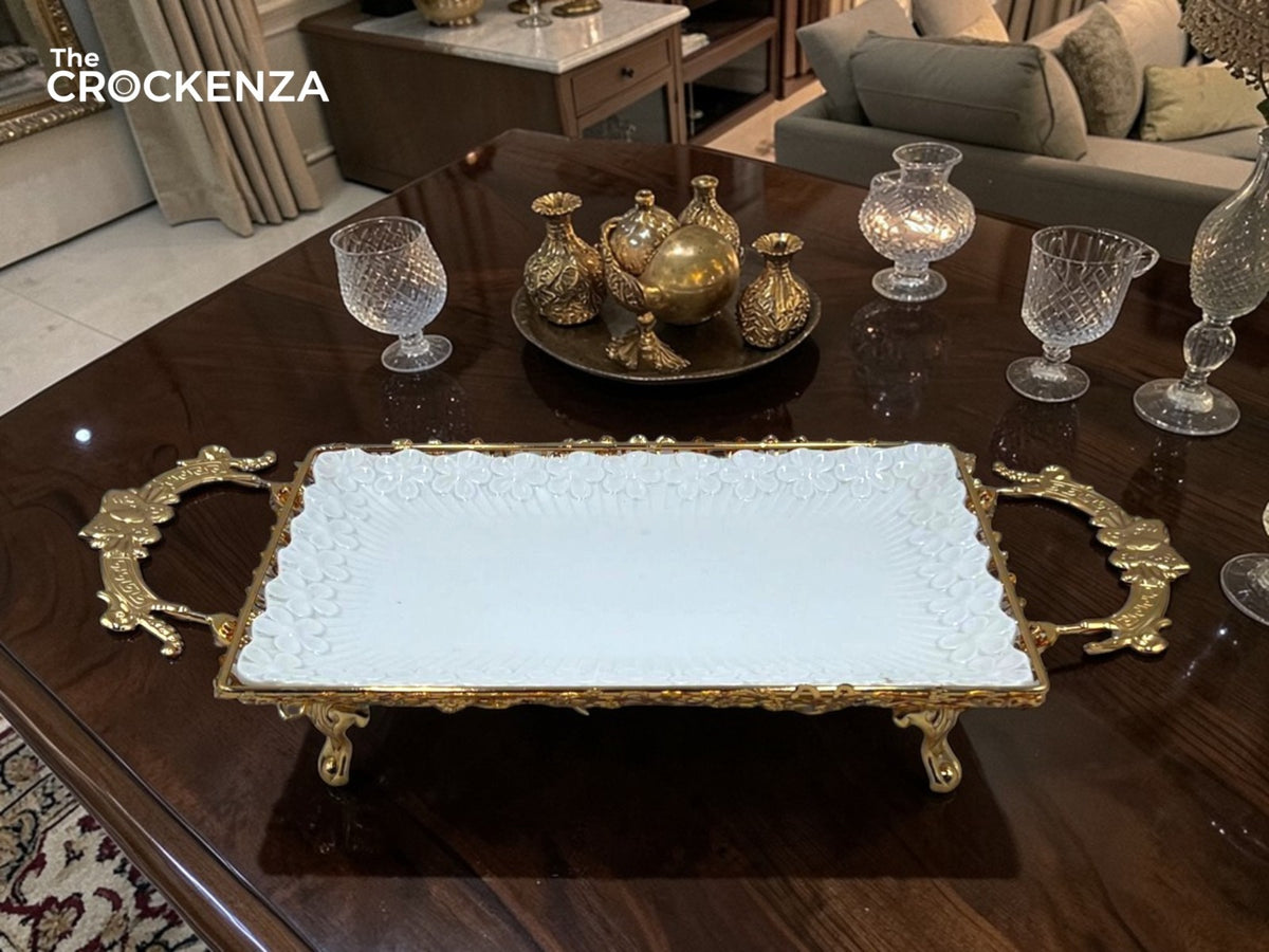 Royal Gold-Inlaid Floral Ceramic Serving Platter
