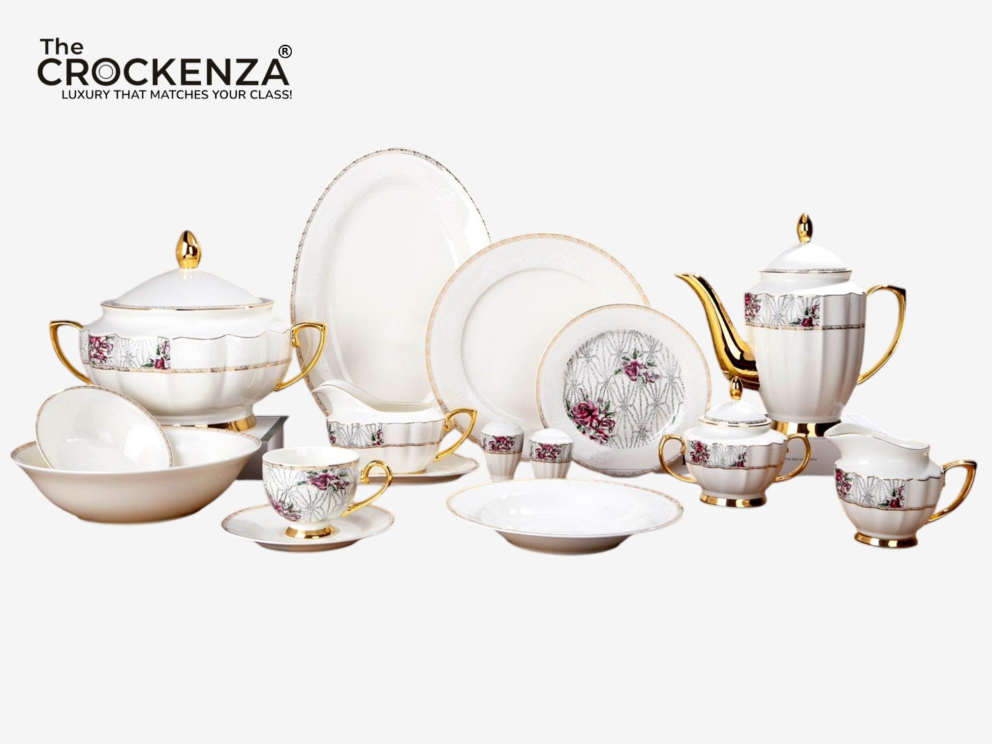 Johnson Bros Inspired Royal Floral Bone China Luxury Dinner Set | 65 & 89 Piece Gold-Gilded Collection