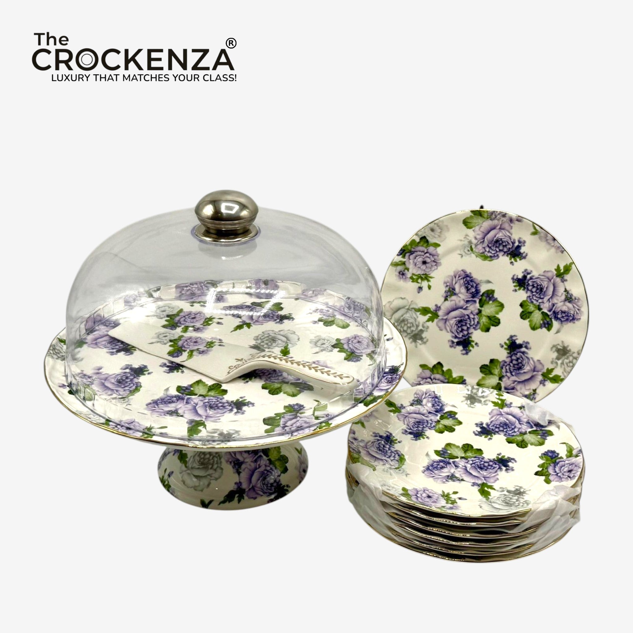 Royal Albert–Inspired 9-Pcs Bone China Cake Set | Floral Elegance with Acrylic Dome