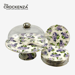 Royal Albert–Inspired 9-Pcs Bone China Cake Set | Floral Elegance with Acrylic Dome