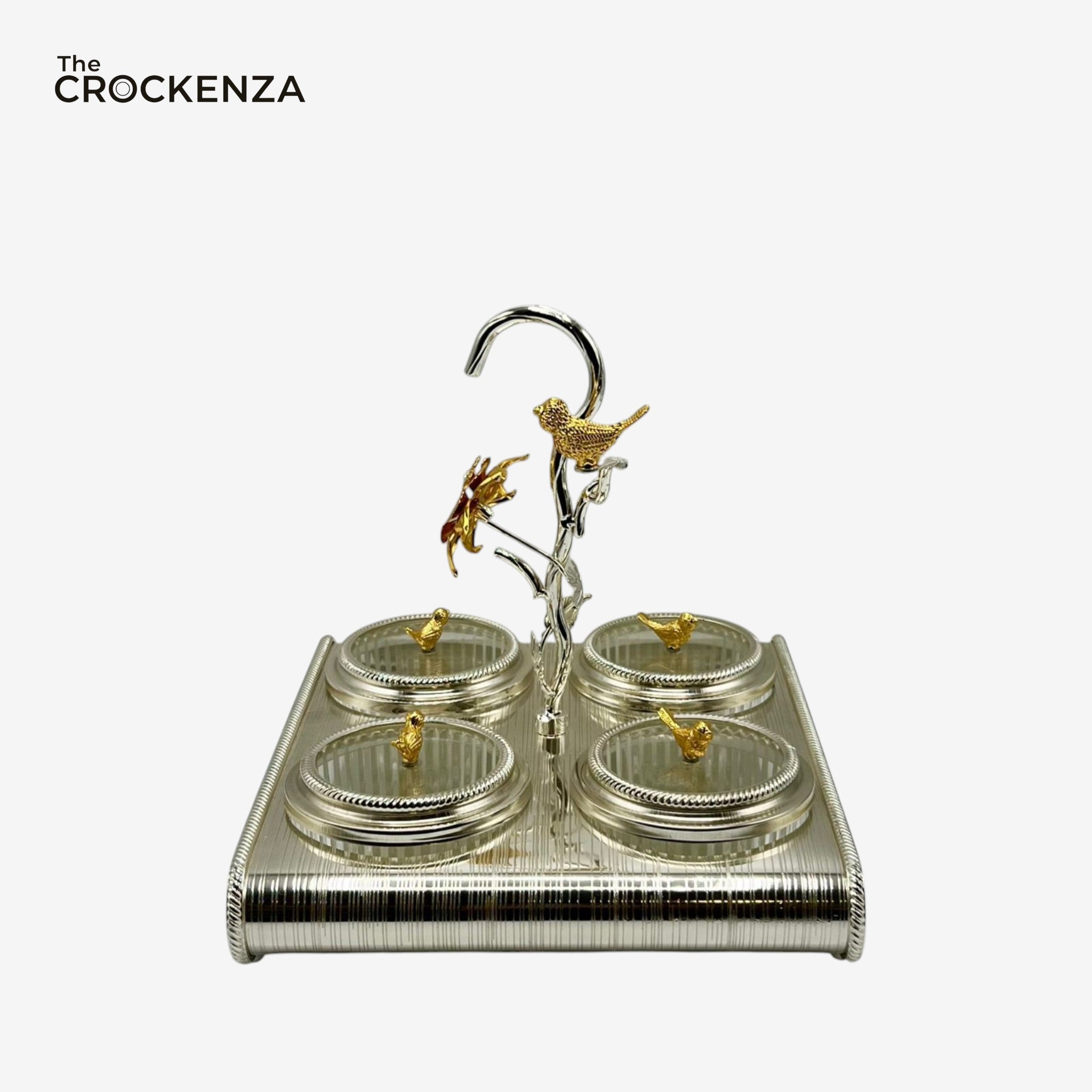 Luxury Silver 4-Partition Dry Fruit Serving Tray with Crystal Bowls & Decorative Handle