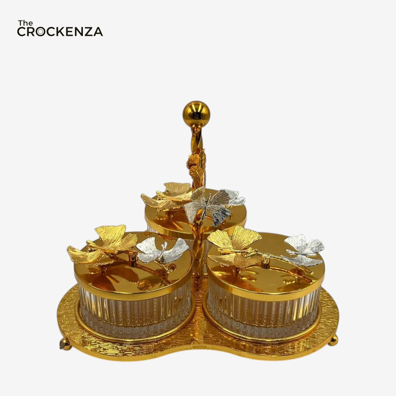 Luxury Gold 3-Compartment Dry Fruit & Candy Serving Set with Silver Detailing – Stylish Table Centerpiece