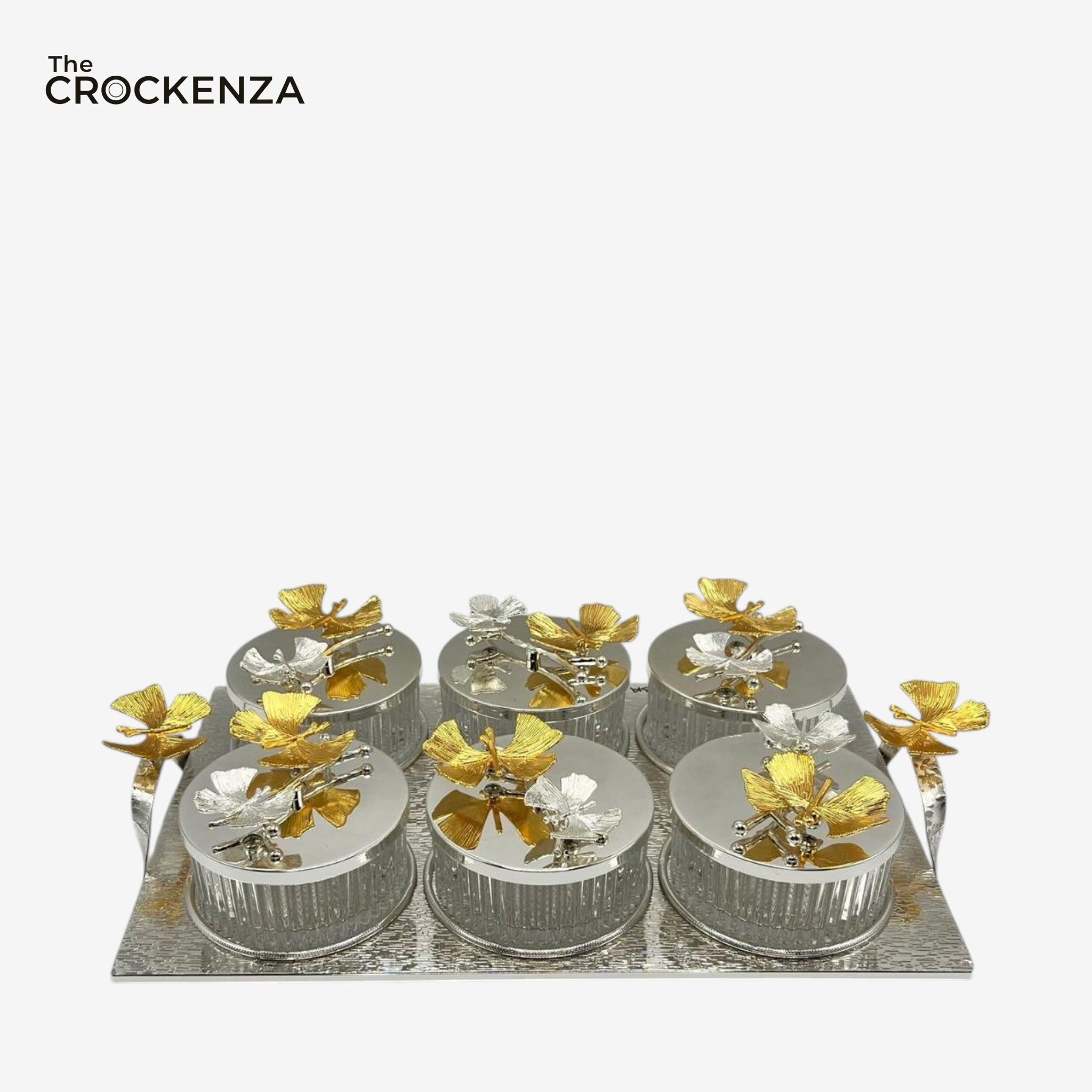 Premium Silver 6-Compartment Dry Fruit & Candy Serving Set with Gold Detailing – Luxury Table Centerpiece