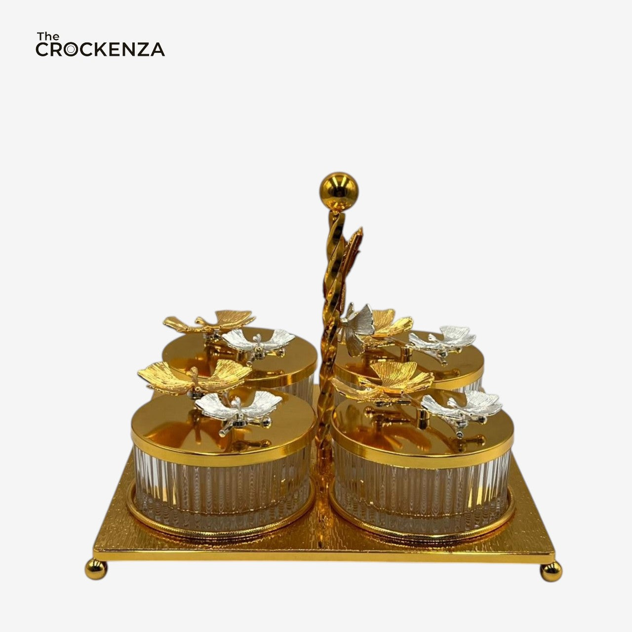Luxury Gold 4-Compartment Dry Fruit & Candy Serving Set with Silver Detailing – Elegant Table Centerpiece (Copy)