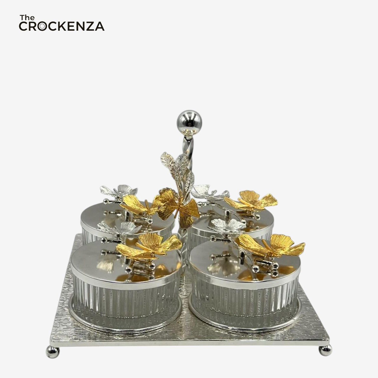 Luxury Silver 4-Compartment Dry Fruit & Candy Serving Set with Silver Detailing – Elegant Table Centerpiece (Copy) (Copy)