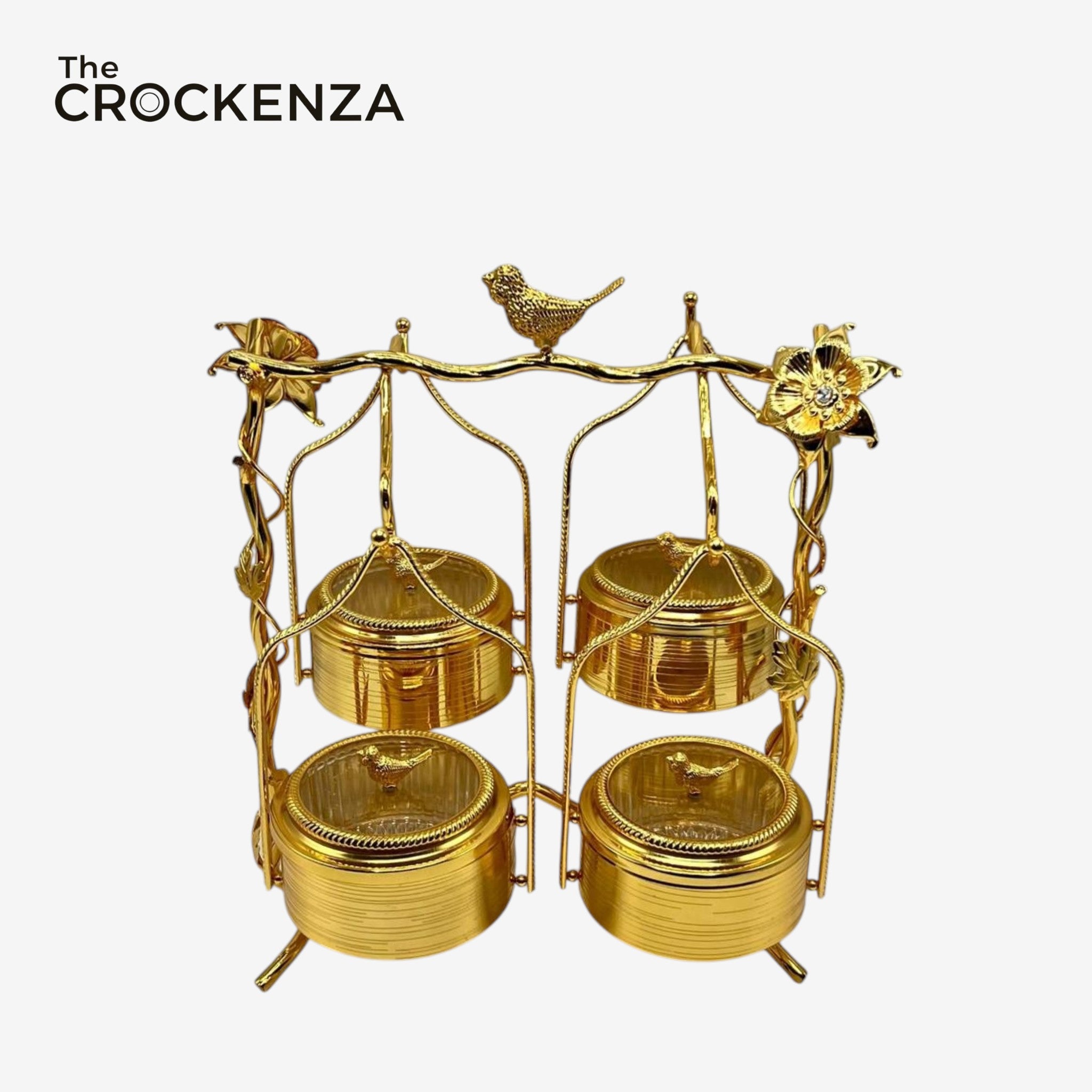 Luxury 4 Partition Swing style Dry Fruit Serving Set with Decorative Stand – Premium Metal Snack Organizer