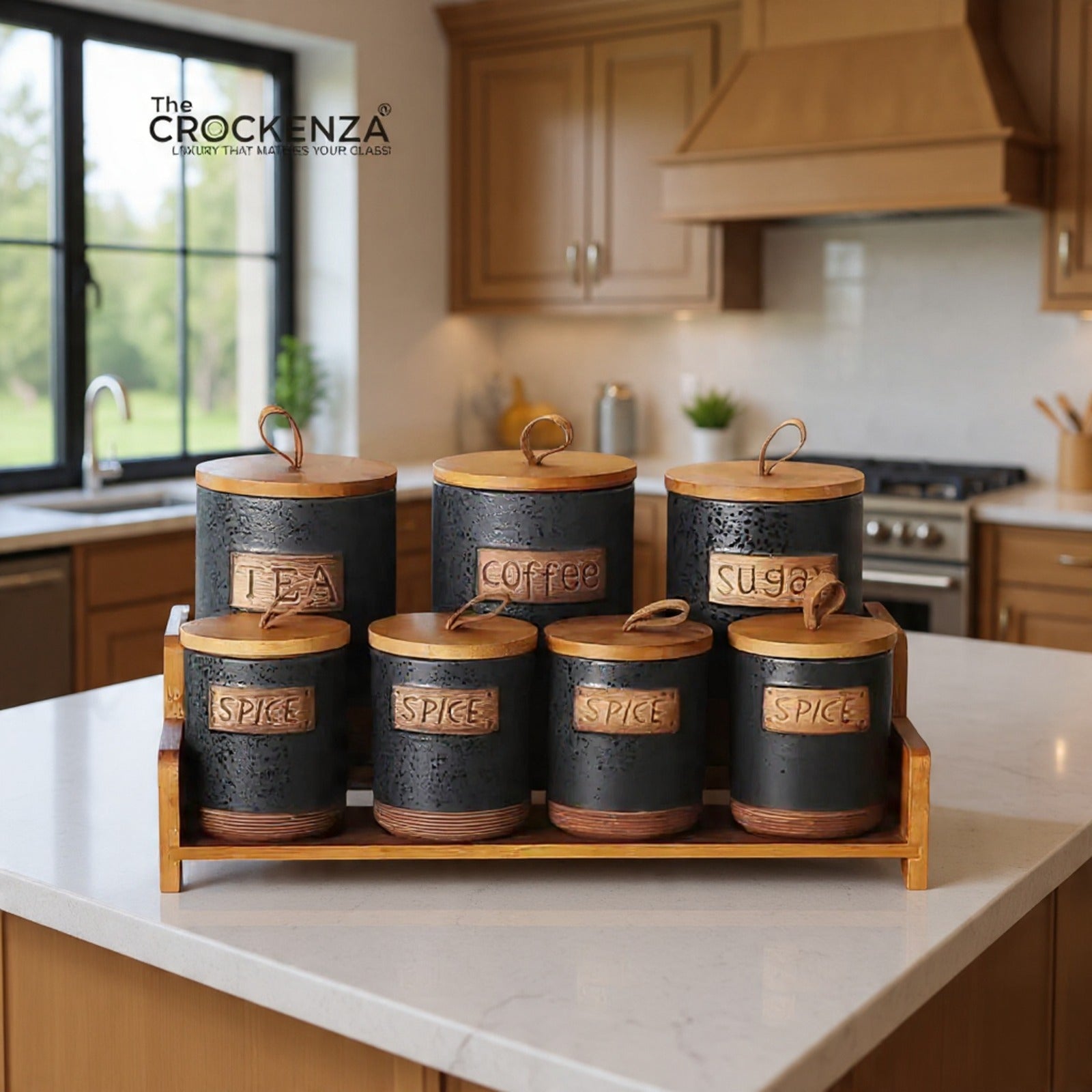 7-Piece Ceramic Airtight Jar Set with Wooden Lids & Storage Tray