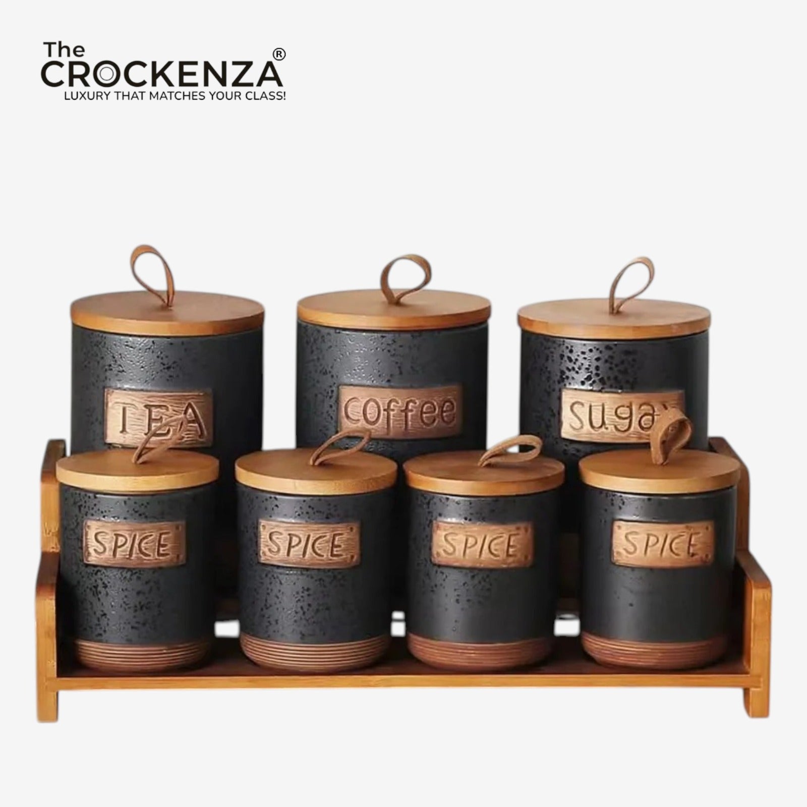 7-Piece Ceramic Airtight Jar Set with Wooden Lids & Storage Tray
