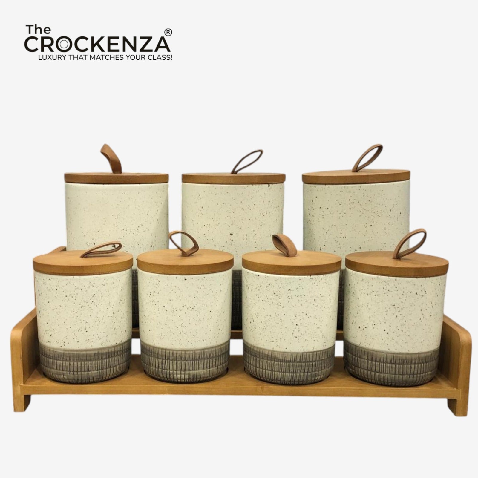 7-Piece Ceramic Airtight Jar Set with Wooden Lids & Storage Tray
