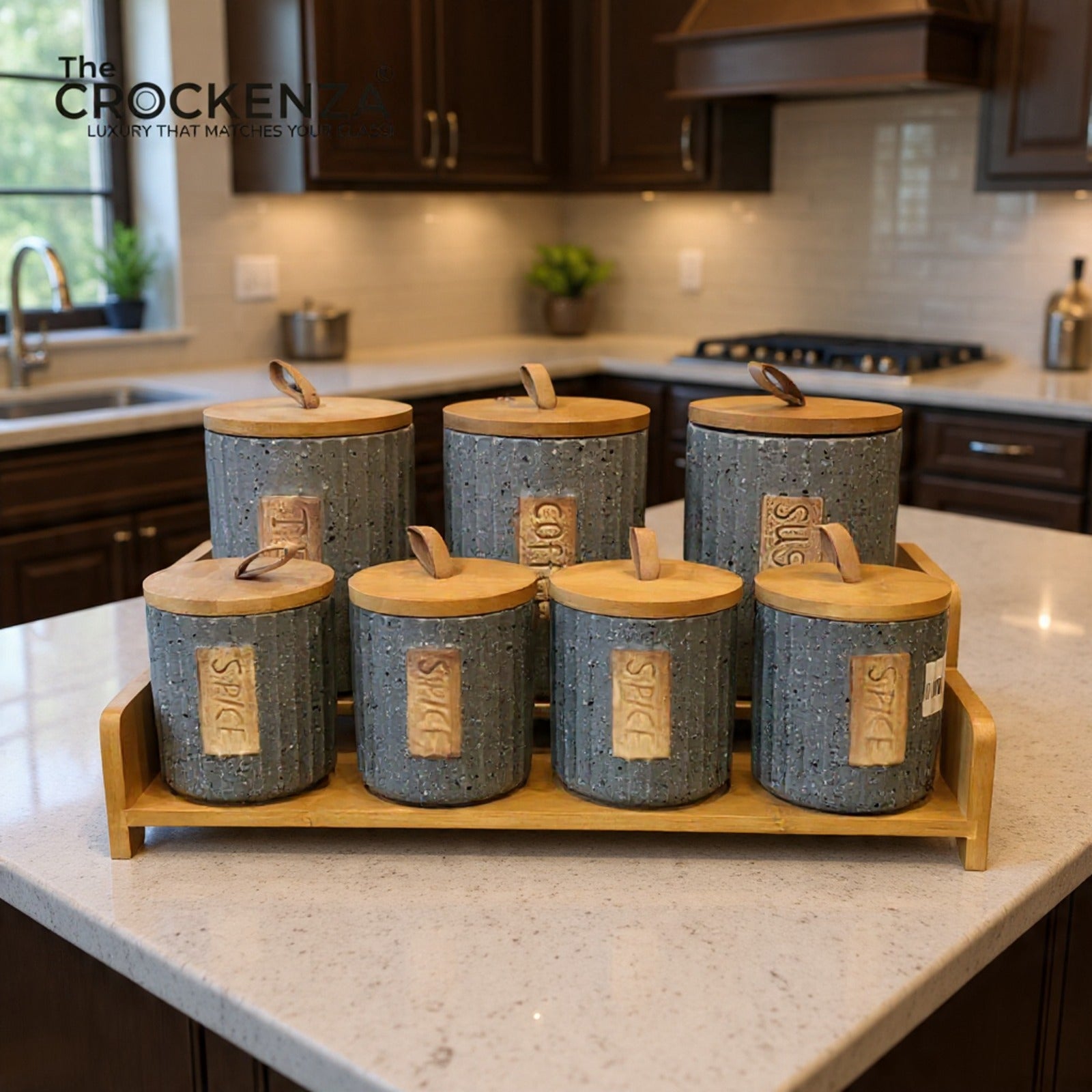 7-Piece Ceramic Airtight Jar Set with Wooden Lids & Storage Tray