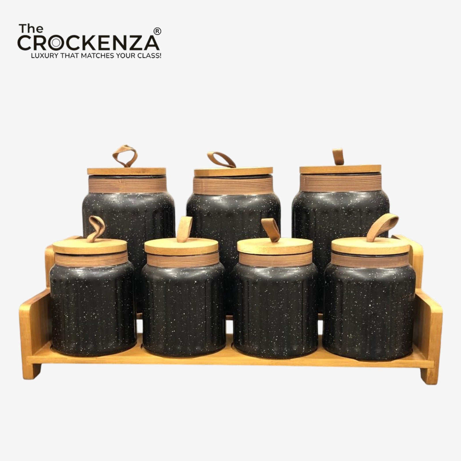 7-Piece Ceramic Airtight Jar Set with Wooden Lids & Storage Tray