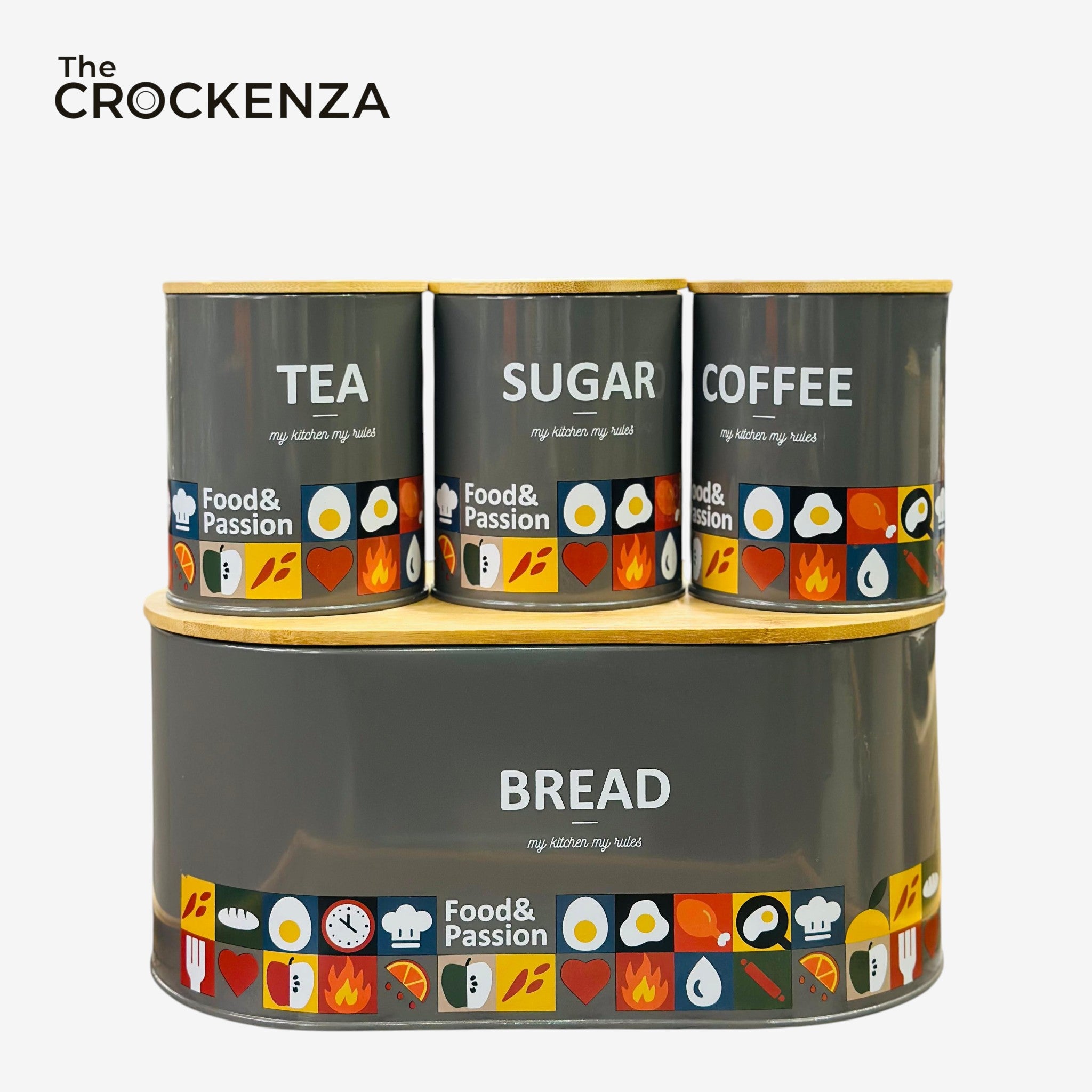 The Crockenza "Food & Passion" Modern Grey Kitchen Organizer | Bread Bin & 3-Piece Jar Set
