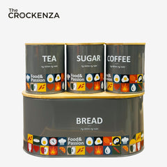 The Crockenza "Food & Passion" Modern Grey Kitchen Organizer | Bread Bin & 3-Piece Jar Set