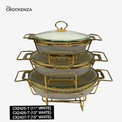 3-Piece Textured Buffet Servers Set with Gold Stand & Glass Lids – Elegant Oval Chafing Dishes for Dawat, Parties,