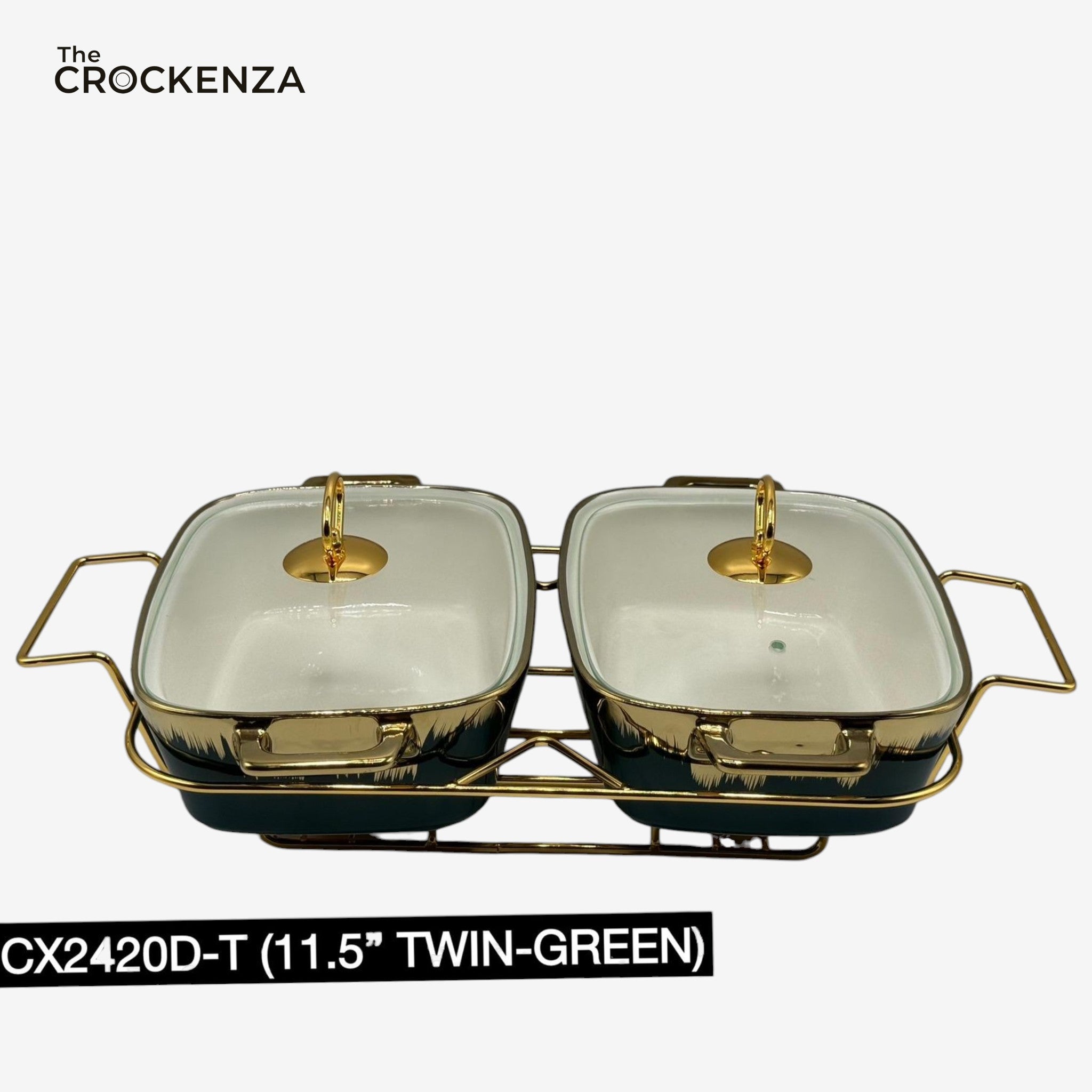 Twin Rectangular Porcelain Serving Dish Set with Gold Stand – 11.5" Double Buffet Server with Handles | Elegant Tabletop Food Warmer & Serving Bowl Set- Green