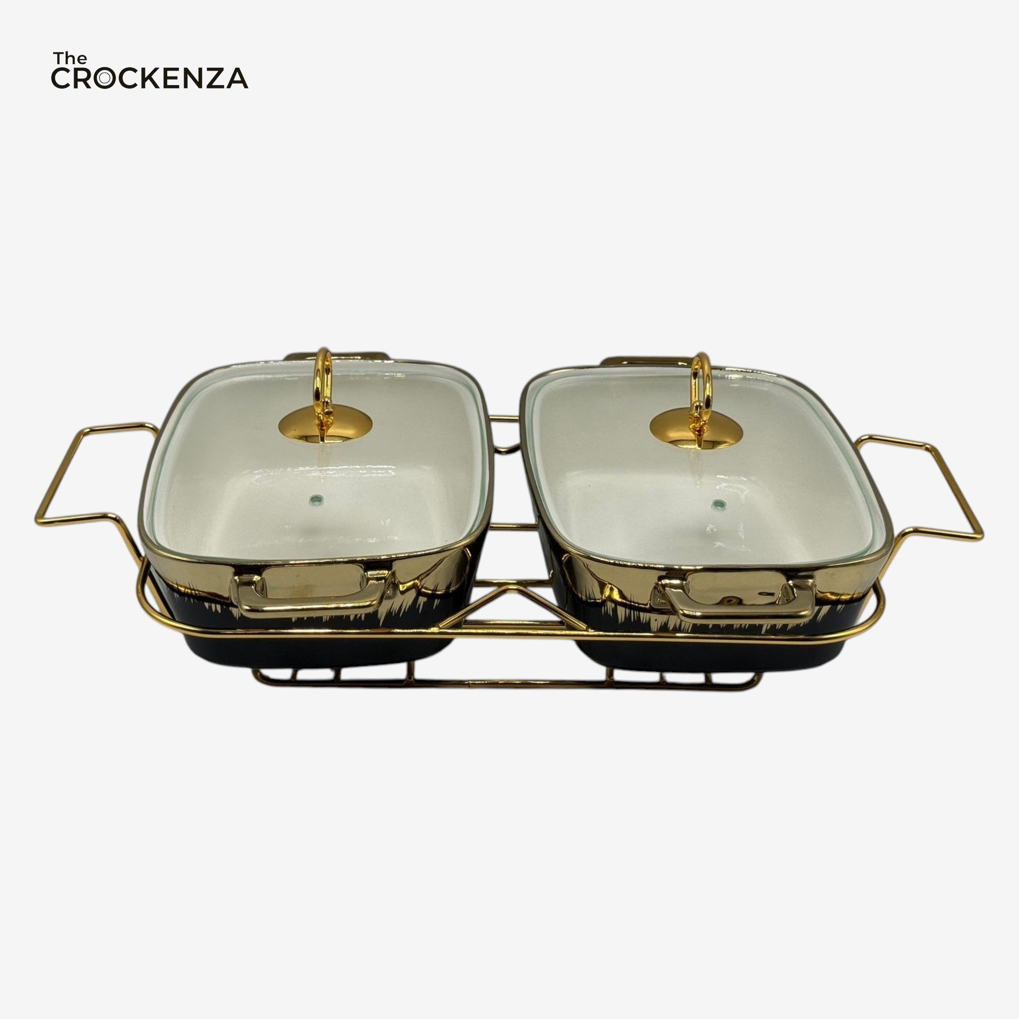 Twin Rectangular Porcelain Serving Dish Set with Gold Stand – 11.5" Double Buffet Server with Handles | Elegant Tabletop Food Warmer & Serving Bowl Set