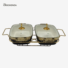 Twin Rectangular Porcelain Serving Dish Set with Gold Stand – 11.5" Double Buffet Server with Handles | Elegant Tabletop Food Warmer & Serving Bowl Set