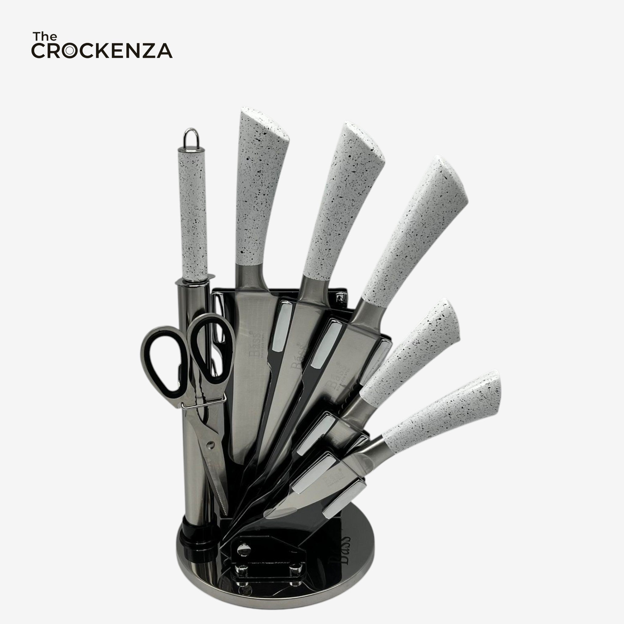 Cut Like a Pro: The Bass 8-Piece Elite Stainless Steel Knife Set with 360° Rotating Carousel