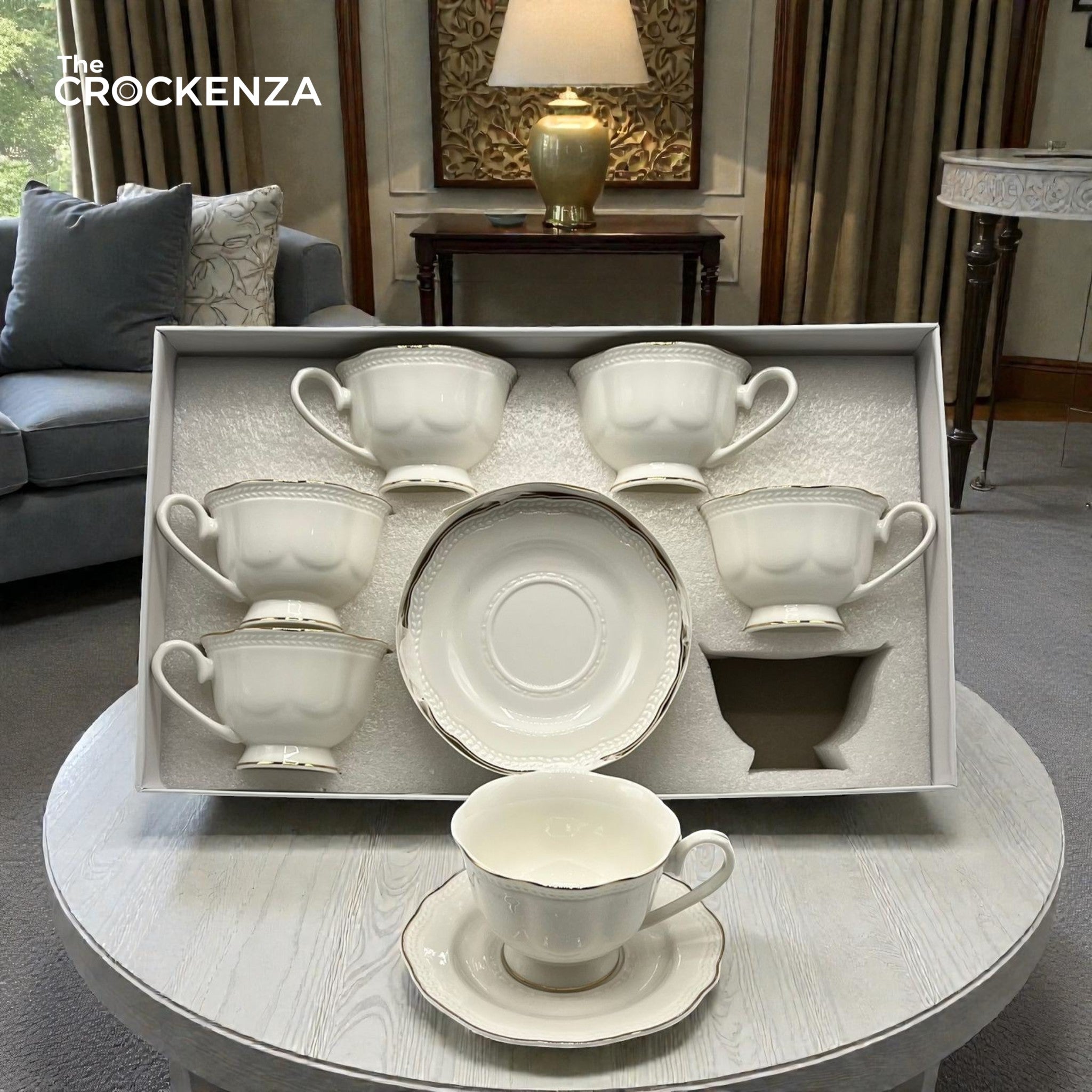 Luxury White Porcelain Tea Cup & Saucer Set – 12 Pcs Elegant Coffee Cups Set for Home, Office & Gift