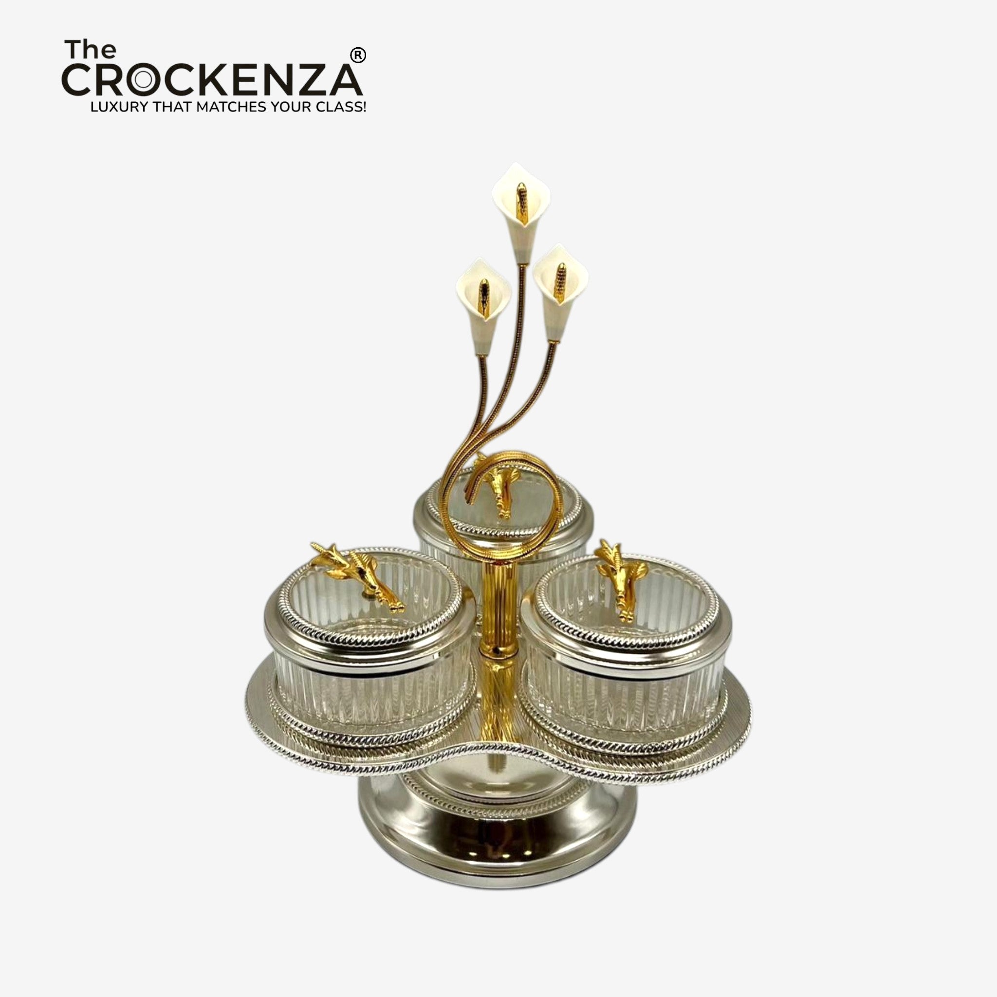 Luxury Silver 4-Partition Dry Fruit Serving Set with Stand – Glass Bowls & Silver Tulip Holder