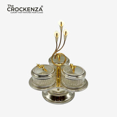 Luxury Silver 4-Partition Dry Fruit Serving Set with Stand – Glass Bowls & Silver Tulip Holder