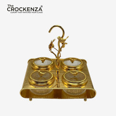 Luxury Gold 4-Partition Dry Fruit Serving Tray with Crystal Bowls & Decorative Handle