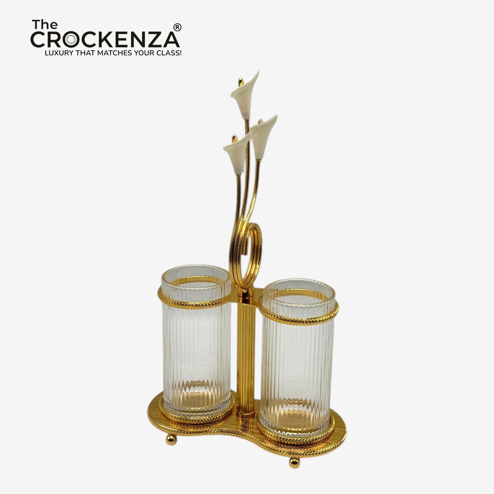 Luxury Gold Spoon Holder with Dual Glass Containers – Elegant Tabletop Cutlery Organizer