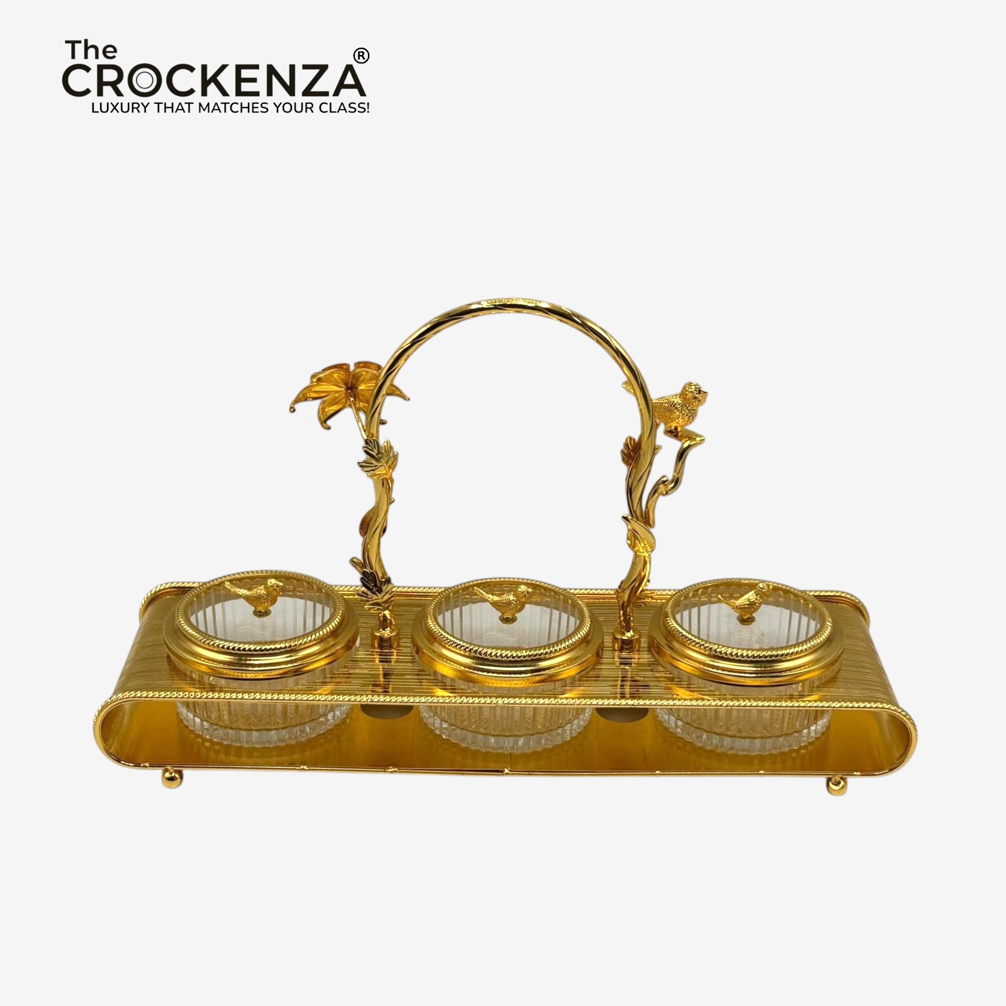 Luxury 3-Partition Dry Fruit Serving Tray with Glass Bowls & Golden Handle