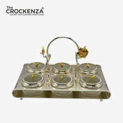 Luxury 6-Partition Dry Fruit Serving Set – Glass Bowls with Designer Handle Tray