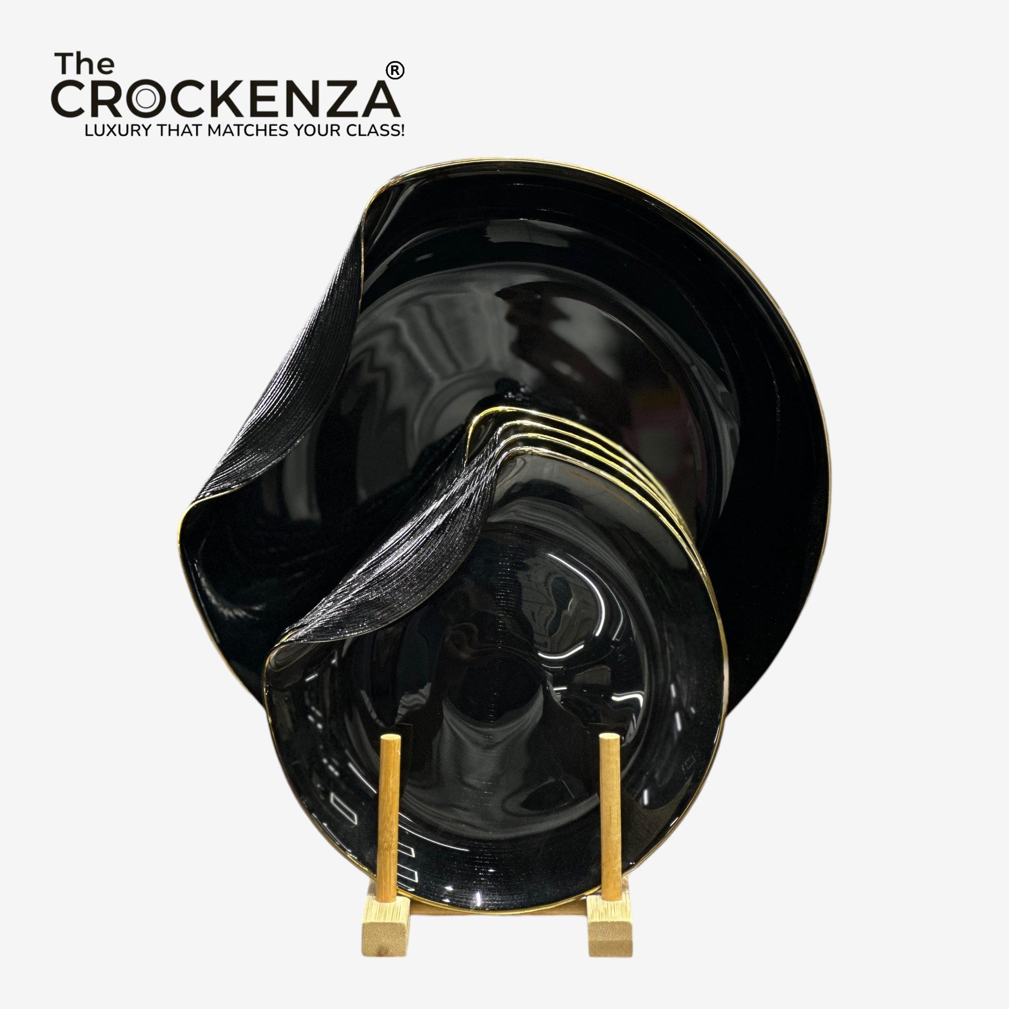 KYNZO 7-Piece Luxury Cake Set – Elegant Obsidian Black & Gold Rim Dessert Serving Collection