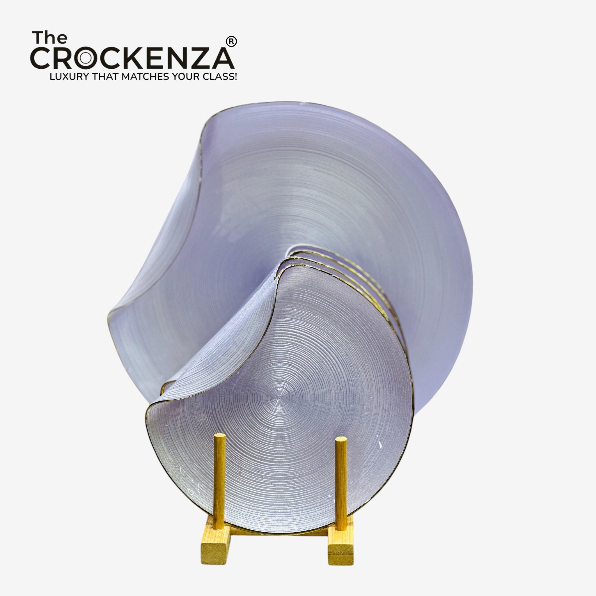 KYNZO Aurora 7-Piece Dessert & Cake Platter Set – Textured Lavender Glass with Gold Edging