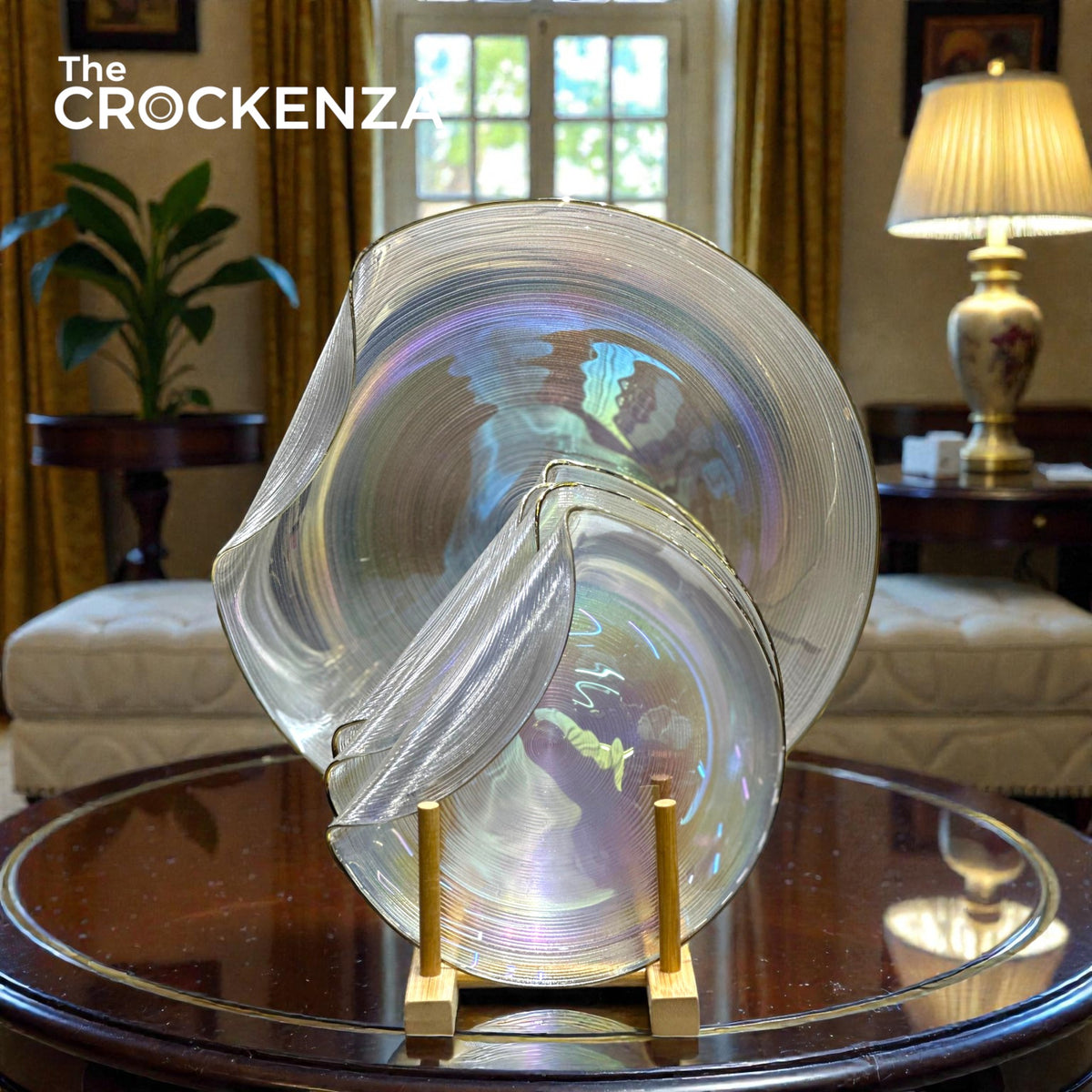 KYNZO Aurora 7-Piece Dessert & Cake Platter Set – Textured Pearlescent Glass with Gold Edging