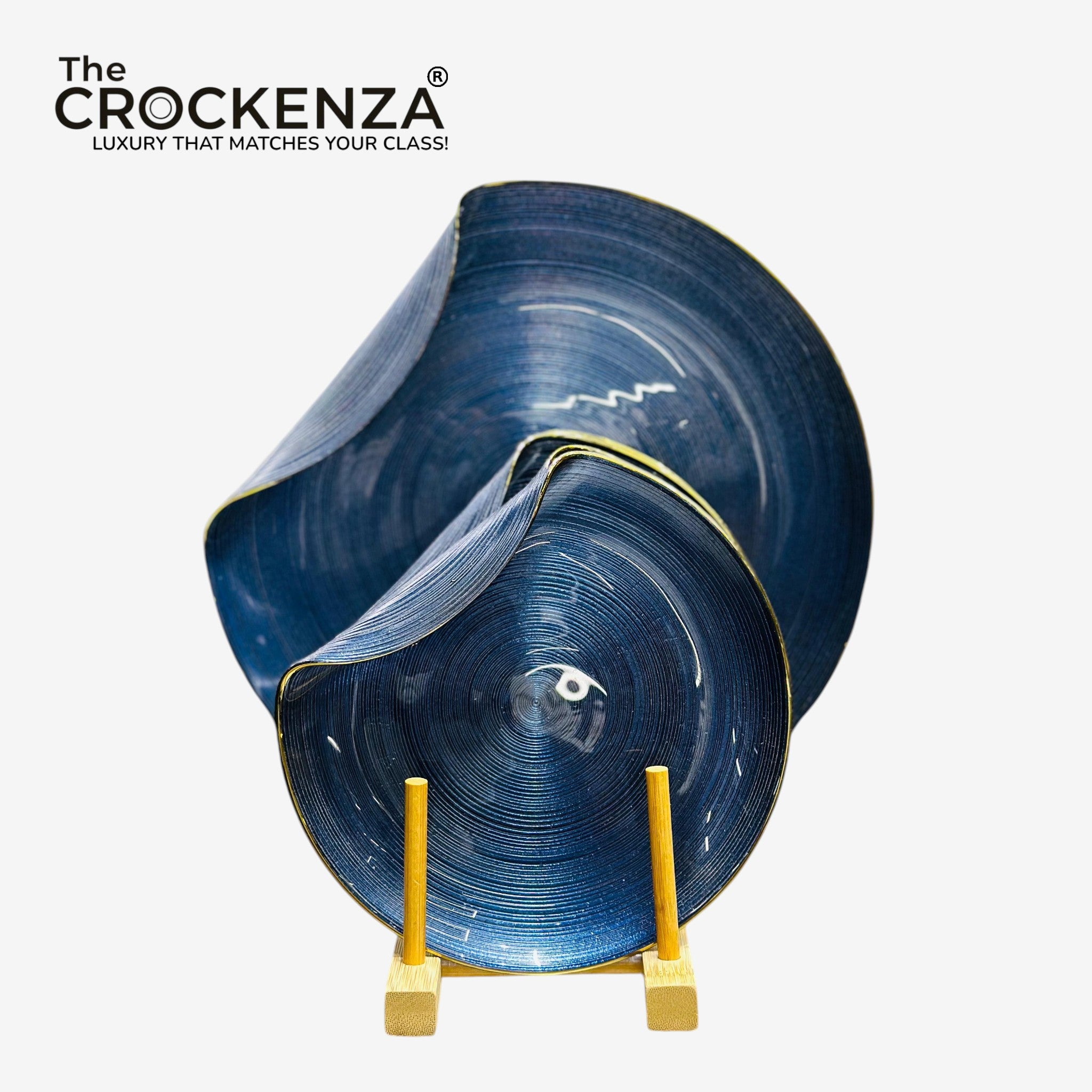 KYNZO 7-Piece Luxury Cake Set – Elegant Sapphire Royal Blue & Gold Rim Dessert Serving Collection