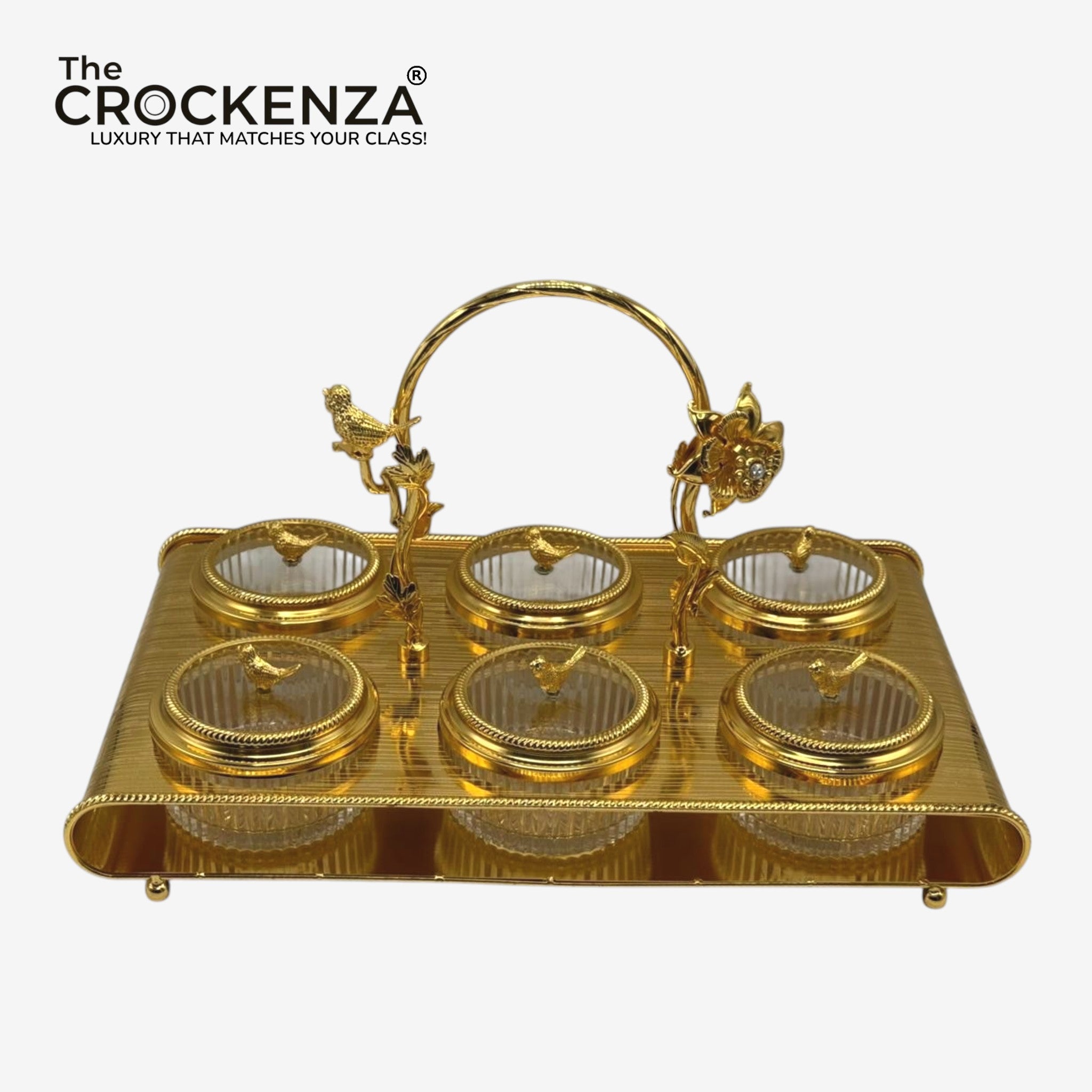 Luxury 6-Partition Dry Fruit Serving Set – Glass Bowls with Golden Designer Tray