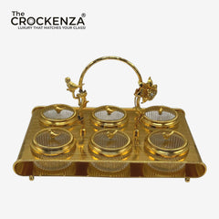 Luxury 6-Partition Dry Fruit Serving Set – Glass Bowls with Golden Designer Tray