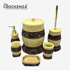 The Crockenza Vintage Marbled Beige & Bronze 6-Piece Bathroom Accessory Set – Premium Carved Filigree Bath Organizer Collection