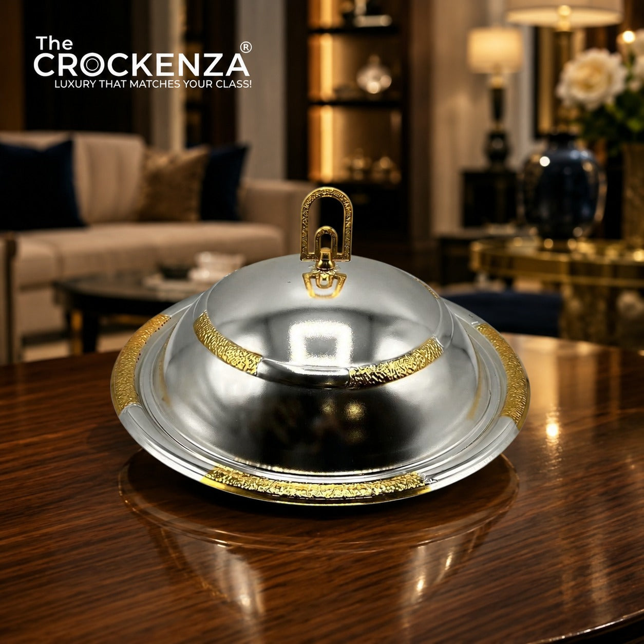 Luxury Mandi Serving Platter with Dome Lid – Silver & Gold Premium Food Serving Dish -12 Inch