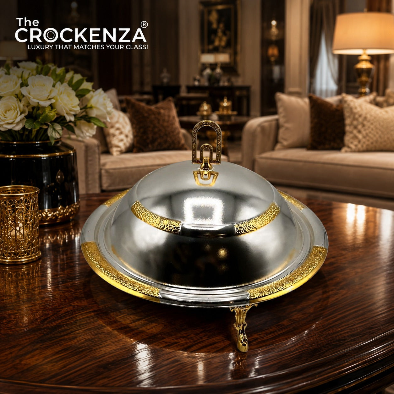 Luxury Mandi Serving Platter with Dome Lid – Silver & Gold Premium Food Serving Dish -12 Inch