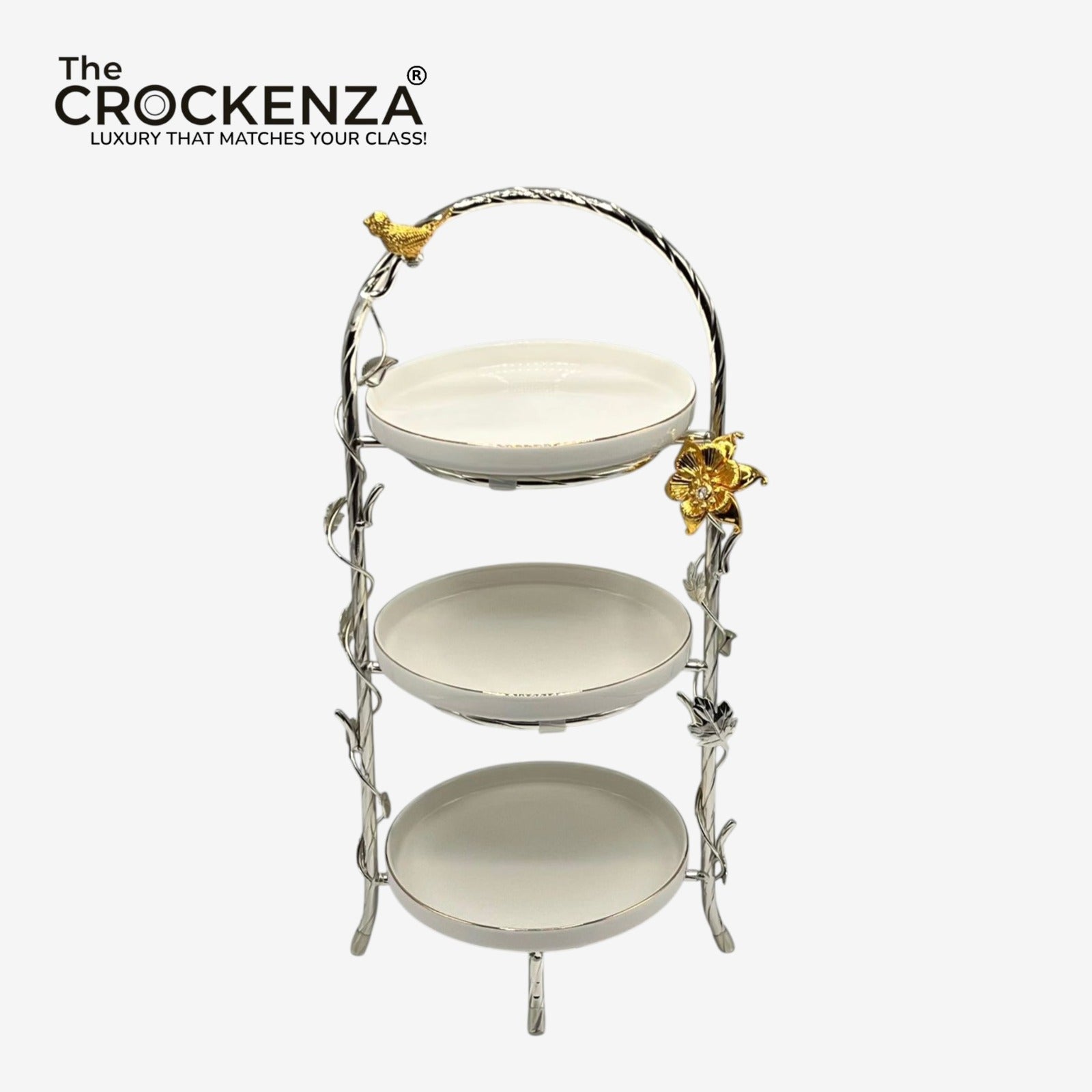 Luxury 3-Tier Pastry Stand with Golden Bird & Floral Accent – Elegant Dessert Serving Stand