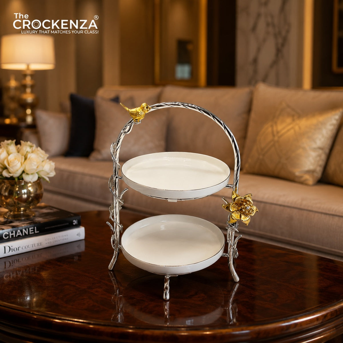 Luxury 2-Tier Pastry Stand with Golden Bird & Floral Accent – Elegant Dessert Serving Stand