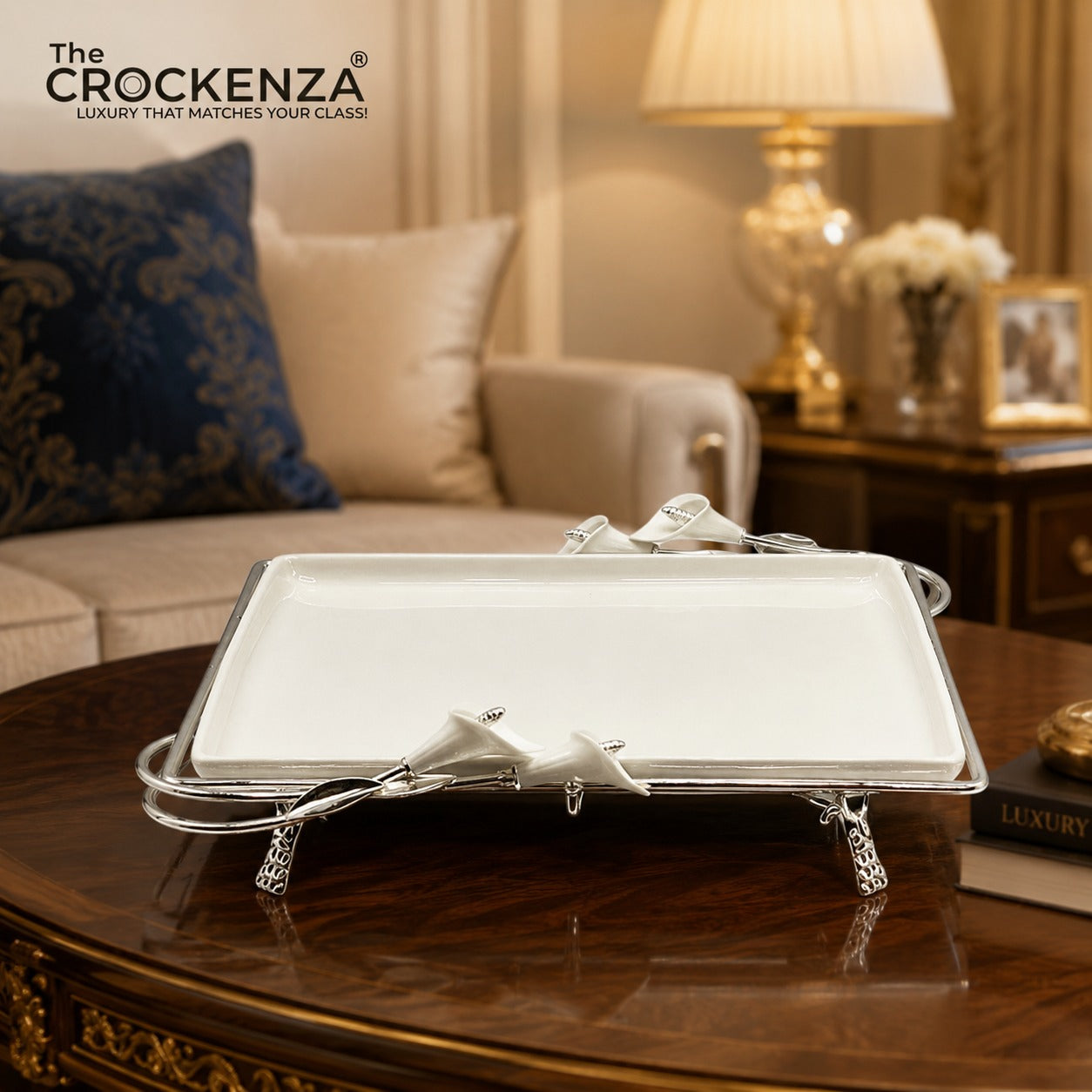 Royal Calla Lily Luxury Ceramic Serving Platter with Gold-Plated Stand - Rectangular 12 inches
