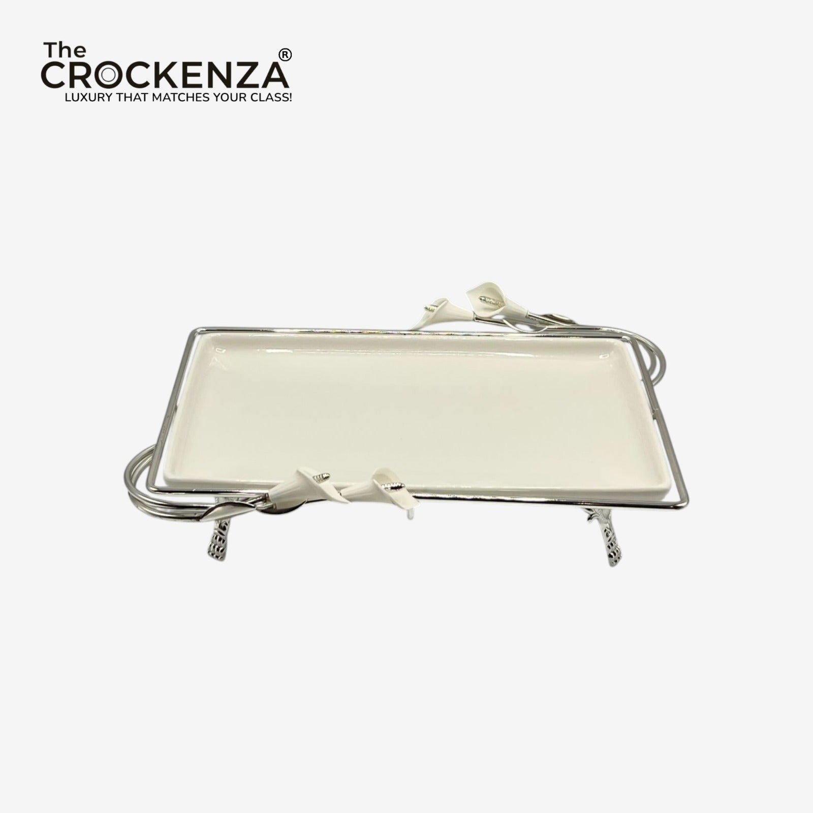 Royal Calla Lily Luxury Ceramic Serving Platter with Gold-Plated Stand - Rectangular 12 inches