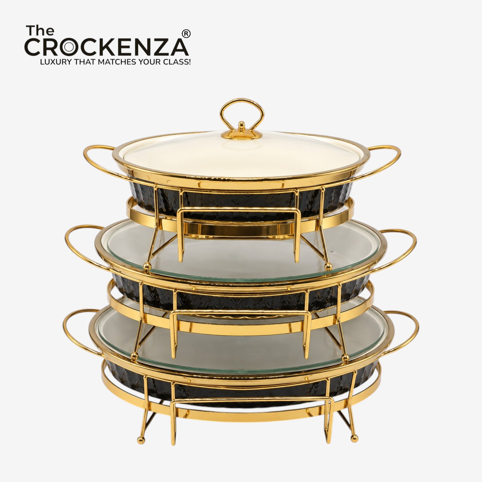 Modern Luxe Black & Gold Oval Food Warmer Set – 3-Piece textured Buffet Servers