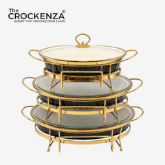 Modern Luxe Black & Gold Oval Food Warmer Set – 3-Piece textured Buffet Servers