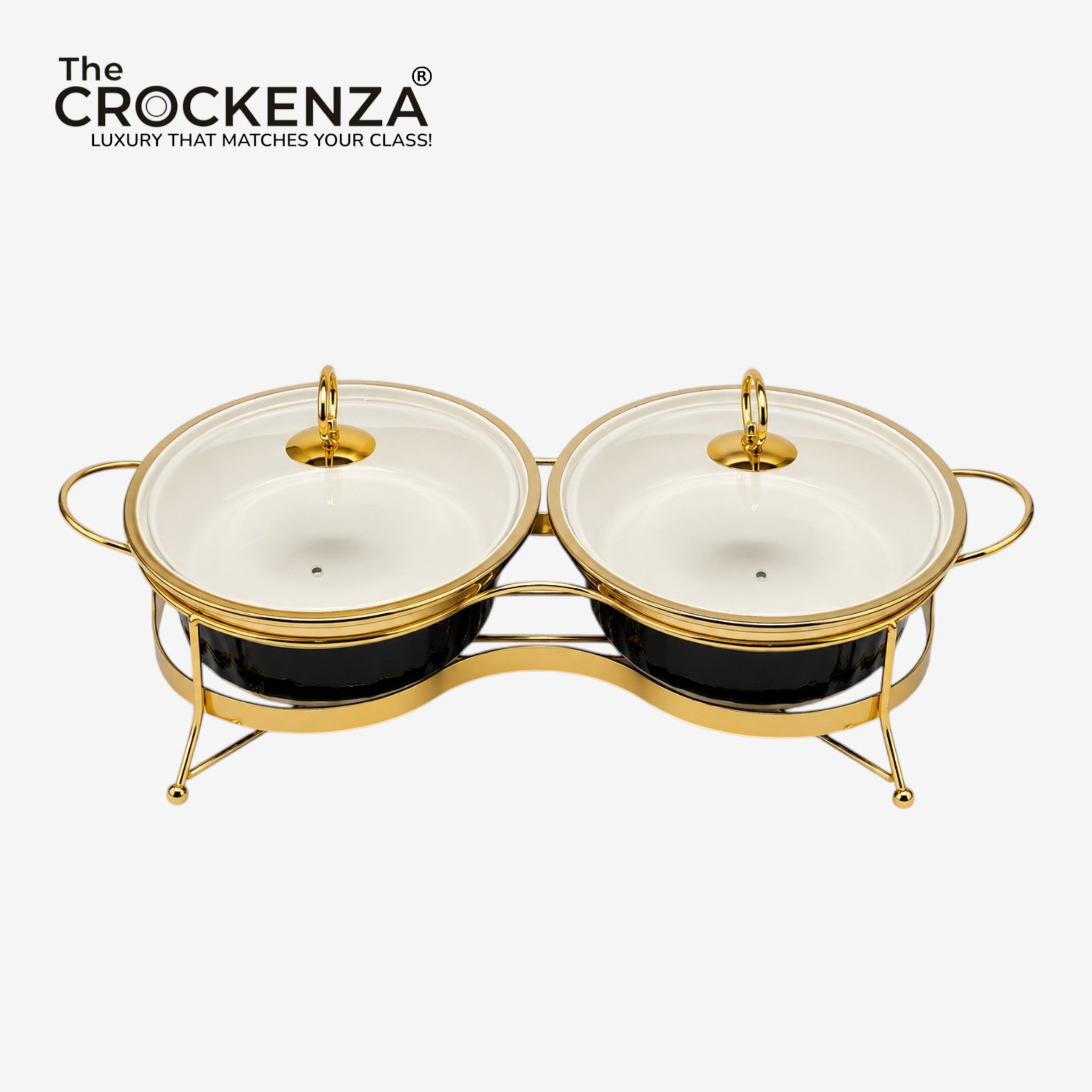Twin Oval Porcelain Serving Dish Set with Gold Stand – 12" Double Buffet Server with Handles | Elegant Tabletop Food Warmer & Serving Bowl Set
